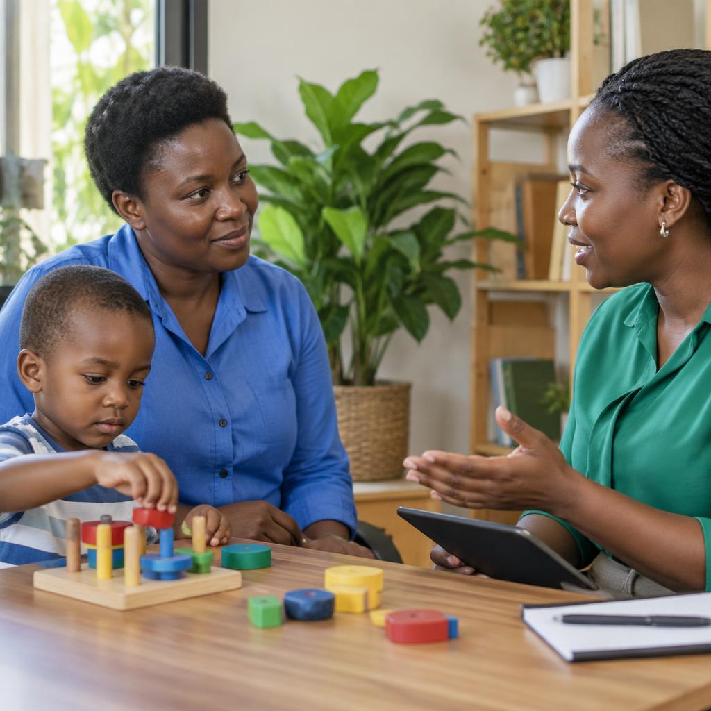 Illustrative photograph of a family speaking with an education support professional